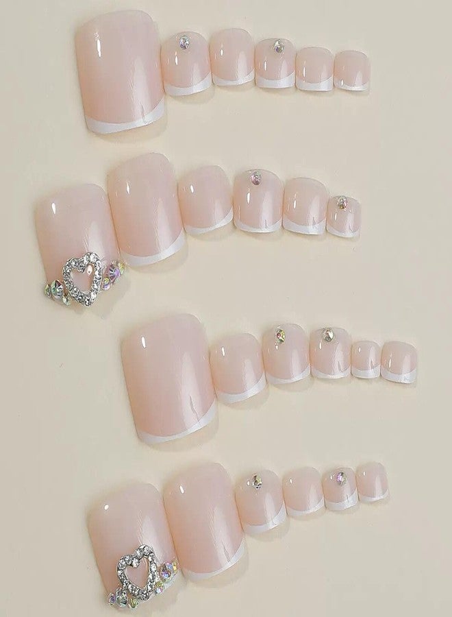 CTTHNBD White French Tip Press on Toenails Square Fake Toenails Heart False Toenails Summer Press on Toe Nails Glossy Full Cover Stick on Toenails Short Toenails Press ons for Women Pedicure 24Pcs - Image 4